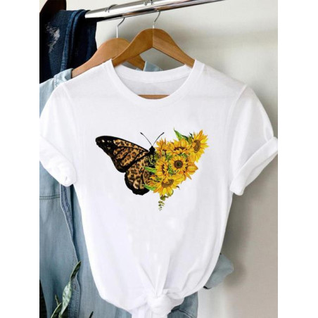 T-shirt Papillons imprimé Tournesols et Papillons couleur blanc