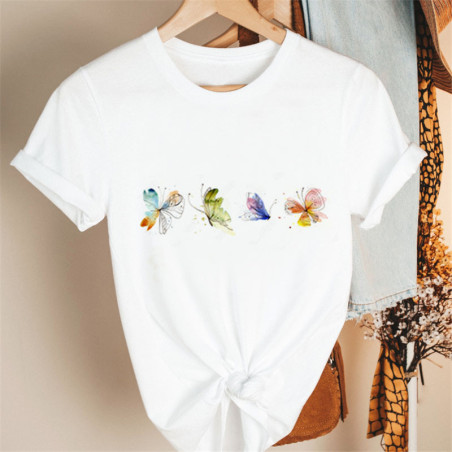 T-Shirt Quatre Petits Papillons de Couleur Blanc