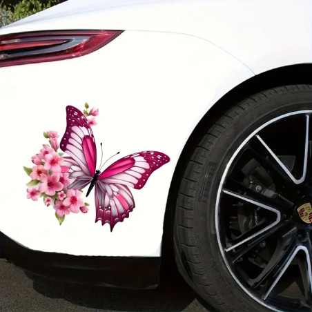 Magnfiique Sticker Papillon en vinyle Papillon Rose et Fleurs 15cm x 15cm