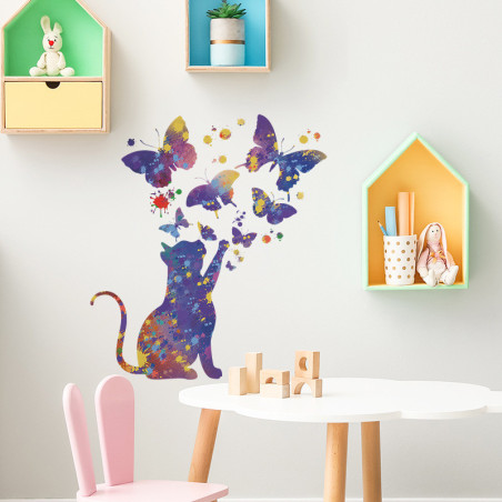 Vue détaillée des Stickers muraux chat étoilé et papillon - 66cm x 58 cm