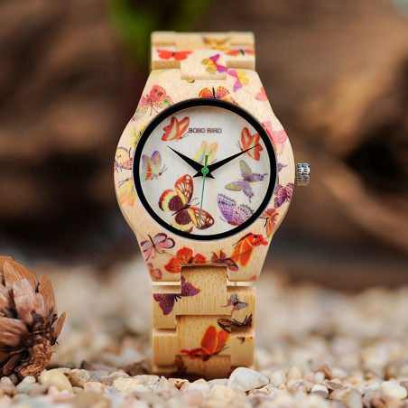 Vue face de la Montre Bracelet à Quartz pour Papillons bracelet en Bois