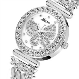 Montres Papillon Strass à Quartz étanche pour femmes en acier inoxydable couleur argent