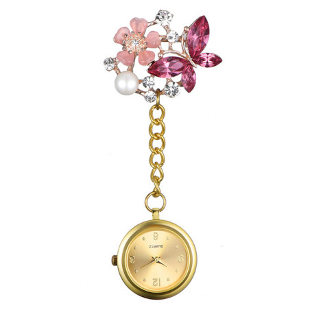 Montre de Poche pour Infirmières à Quartz avec pendentif papillon en cristal couleur rose