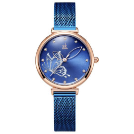 Montre Bracelet Grand Papillon à Quartz en acier inoxydable pour femmes couleur bleu