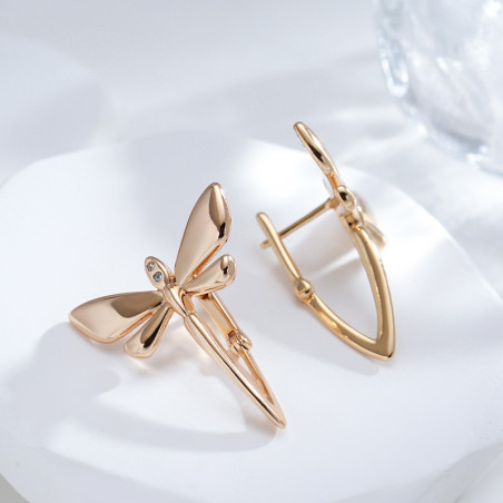 Détails des Boucles d'oreilles Longues Libéllules Design Plaqué Or Rose 585