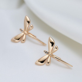 Vue complète des Boucles d'oreilles Longues Libéllules Design Plaqué Or Rose 585