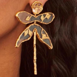 Boucles d'oreilles pendantes Libéllule Design Art Vintage Couleur Or