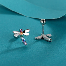 Vue complète des Boucles d'oreilles Libéllule en Argent Sterling 925 avec Strass Colorés