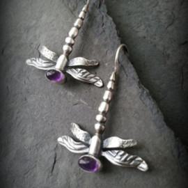 Boucles d'oreilles Libéllule Argentées Vintage Violet