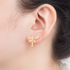 Boucles d'oreilles Libéllule en Zircon avec Perles Blanches et Strass Or