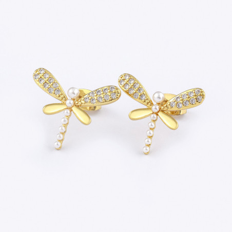 Vue détaillée des Boucles d'oreilles Libéllule en Zircon avec Perles Blanches et Strass
