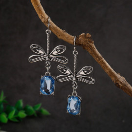 Boucles d'oreilles Pendantes Libéllule Vintage avec Pierre Bleu Clair