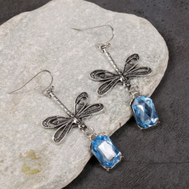 Magnifiques Boucles d'oreilles Pendantes Libéllule Vintage avec Pierre Bleu Clair