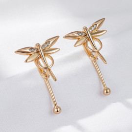 Magnifiques Boucles d'oreilles Pendantes Libéllule en or rose 585