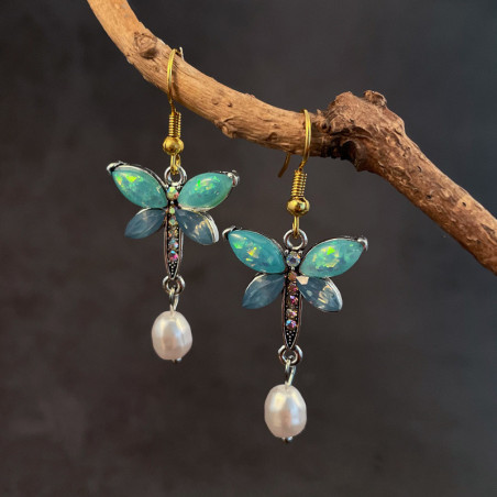 Boucles d'oreilles Pendantes Libéllule avec Perles Blanches Rétro