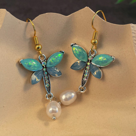 Détails des Boucles d'oreilles Pendantes Libéllule avec Perles Blanches Rétro Bleu