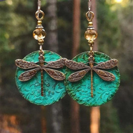 Vue Détaillée des Boucles d'oreilles pendantes Libéllule Vintage en bronze Couleur Vert Ethnique