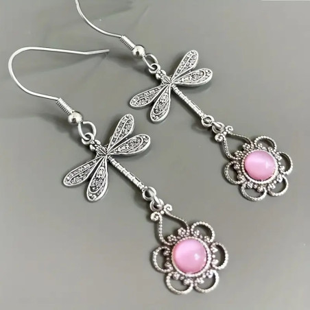 Vue complète des Boucles d'oreilles Pendantes Libéllule Vintage Couleur Argent avec Fleur Pierre Rose