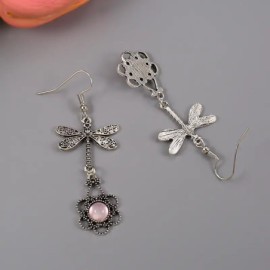 Détails des Boucles d'oreilles Pendantes Libéllule Vintage Couleur Argent avec Fleur Pierre Couleur Rose