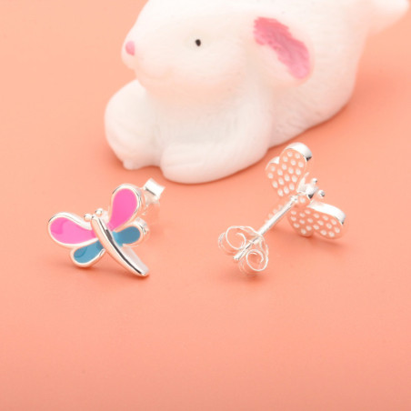 Vue complète des Boucles d'oreilles Libéllule Rose et Bleue Desing en Sterling 925