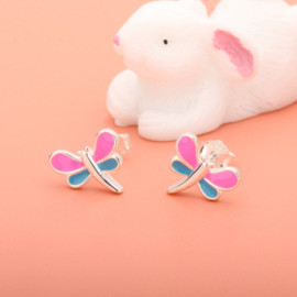 Boucles d'oreilles Libéllule Rose et Bleue Desing en Argent Sterling 925 rose-bleu
