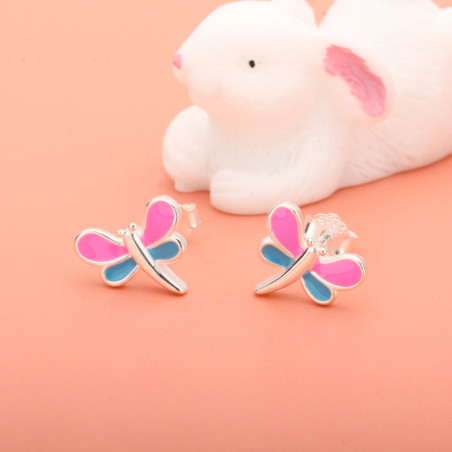 Boucles d'oreilles Libéllule Rose et Bleue Desing en Argent Sterling 925 rose-bleu