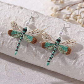 Magnifiques Boucle d'oreille pendante Libéllule Brodée