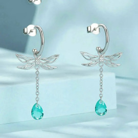 Vue détails des Boucles d'oreilles pampilles Libéllule en Argent Sterling 925 Gouttes Vert Bleu Clair