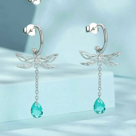 Vue détails des Boucles d'oreilles pampilles Libéllule en Argent Sterling 925 Gouttes Vert Bleu Clair