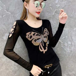 T-shirt Grand Papillon Strass et inscription "LOVE" manches longues - couleur noir