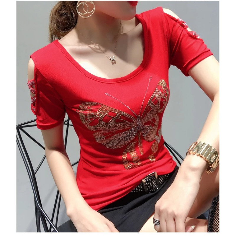T-shirt Grand Papillon Strass et inscription LOVE manches courtes - couleur rouge