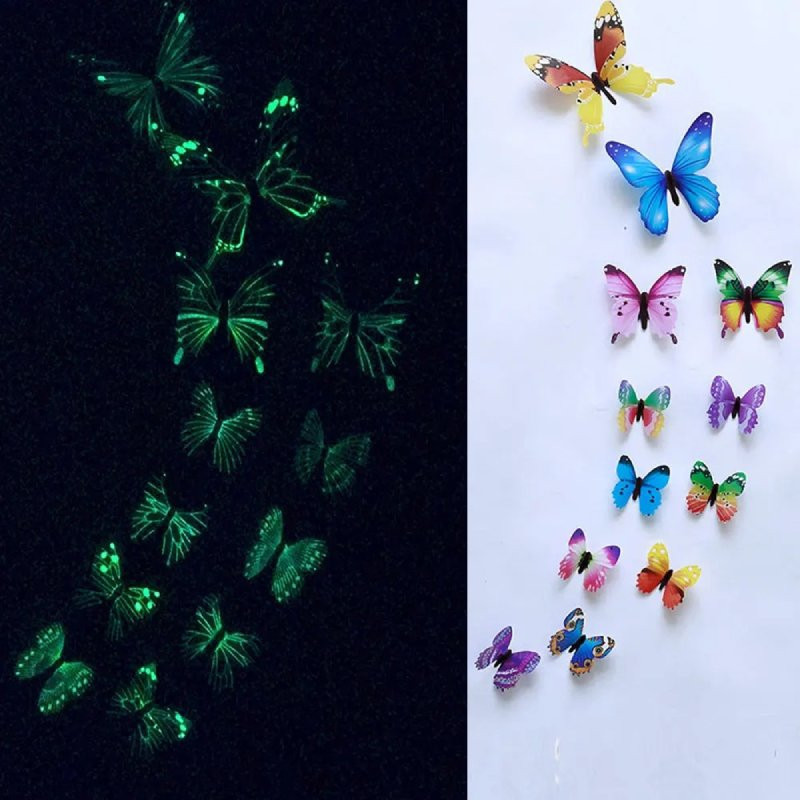 Stickers muraux Volée de Papillons Colorés Phosphorescents - vue de nuit et jour