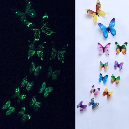 Stickers muraux Volée de Papillons Colorés Phosphorescents - vue de nuit et jour