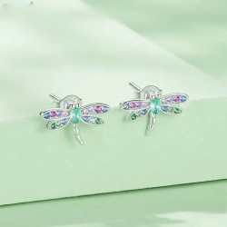Magnifiques Boucles d'oreilles Libéllule en Argent Sterling 925 Strass Arc-en-Ciel