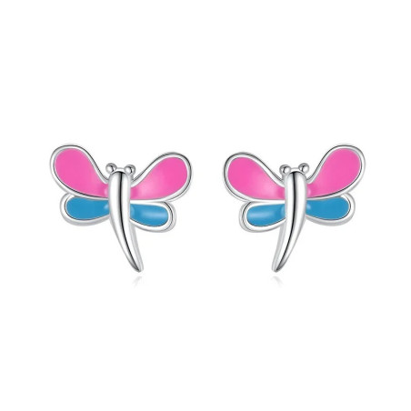 Magnifiques Boucles d'oreilles Libéllule Rose et Bleue Desing en Argent Sterling 925