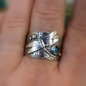 Magnifique Bague Libellule Vintage Strass Bleu Et Libéllule Sculptée