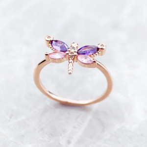 Face avant Bague Libéllule en Argent Sterling 925 et Or Rose