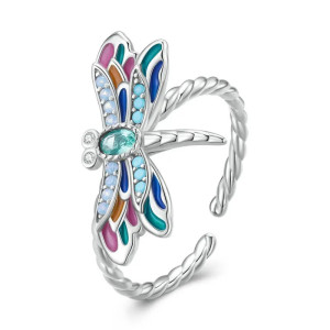 Avant Bague Ouverte Libéllule en Argent Sterling 925 - Libellule Pierre Strass Arc-en-Ciel