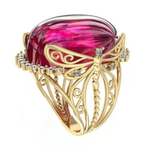 Bague Libéllule en Or Creusé et Gros Cristal Rouge Rose
