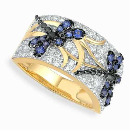 Vue de côté Bague Libellule bleue étincelante avec incrustation de Strass