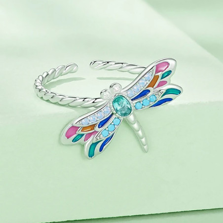 Vue côté Guauche Avant Bague Ouverte Libéllule en Argent Sterling 925 - Libellule Pierre Strass Arc-en-Ciel