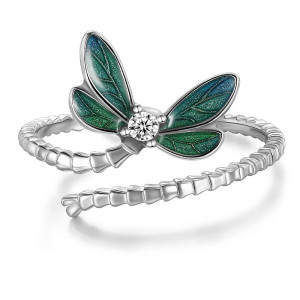Bague Libéllule en Argent Sterling 925 - Magnifique Libéllule Couleur d'eau - Ajustable !