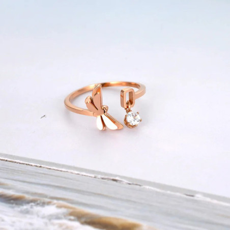 Vue de face Bague Libéllule Design en acier Inoxydable Couleur Or Rose