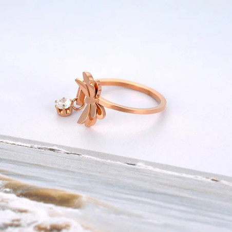 Vue de côté Bague Libéllule Design en acier Inoxydable Couleur Or Rose