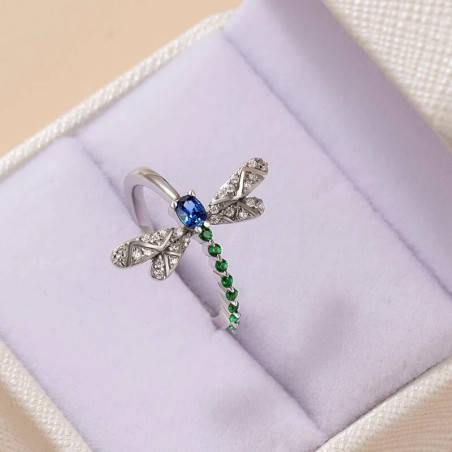 Vue générale Bague Libéllule Couleur Argent avec Strass Brillants vert et Bleu