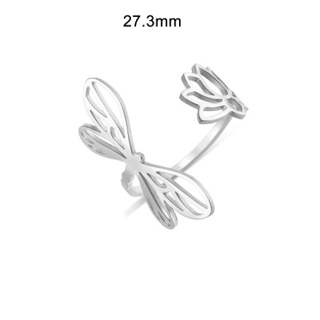 Dimension de la Bague Libéllule Design Minimaliste en Acier inoxydable avec fleur et libéllule Couleur argent