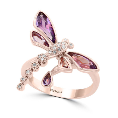 Vue de face de la Bague Libéllule en or Rose Ailes Pierres Violettes en Zircon et Strass
