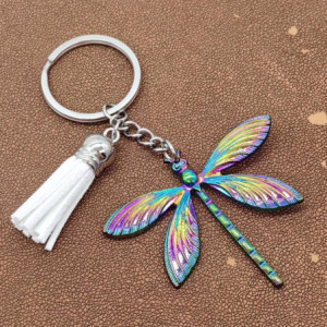 Porte-clés Libéllule Multicolore avec Pompon en Cuir couleur Blanc
