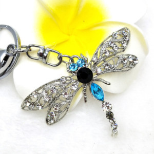 Vue générale du Porte-clés Libéllule Bleu et Argent en cristal et strass