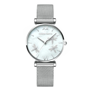 Montre Libéllule et Strass avec bracelet en Cuir pour femme Couleur Argent